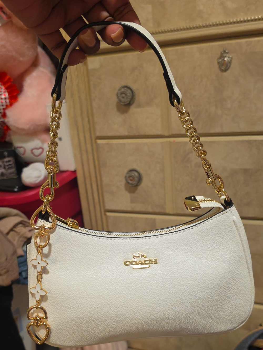 Coach White Pebbled Mini Shoulder Bag with Gold Chain Charm